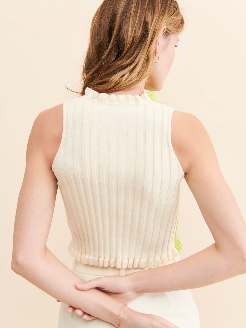 Colorblock Ruffle-Trim Ribbed Crop Top — Lime Green & Cream - Picture 2 of 9